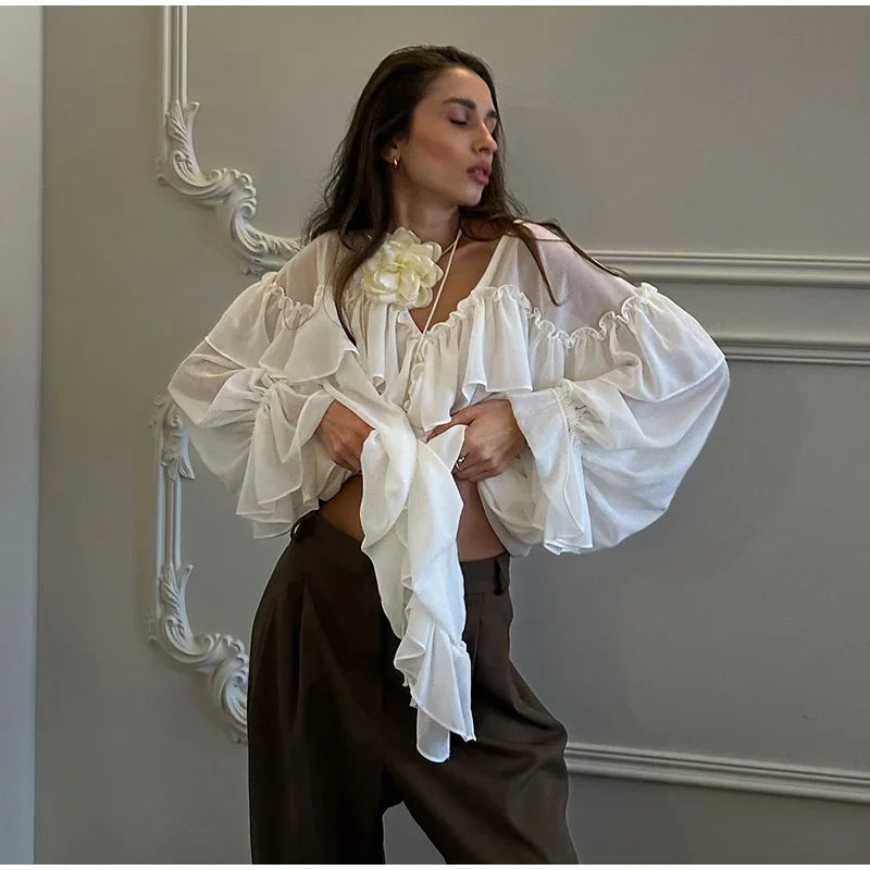 Blouses - Women's Chiffon Ruffle Shirts White Loose V-neck Lantern Sleeve See Through Blouses 2025 Spring Summer Lady Commute Outwears