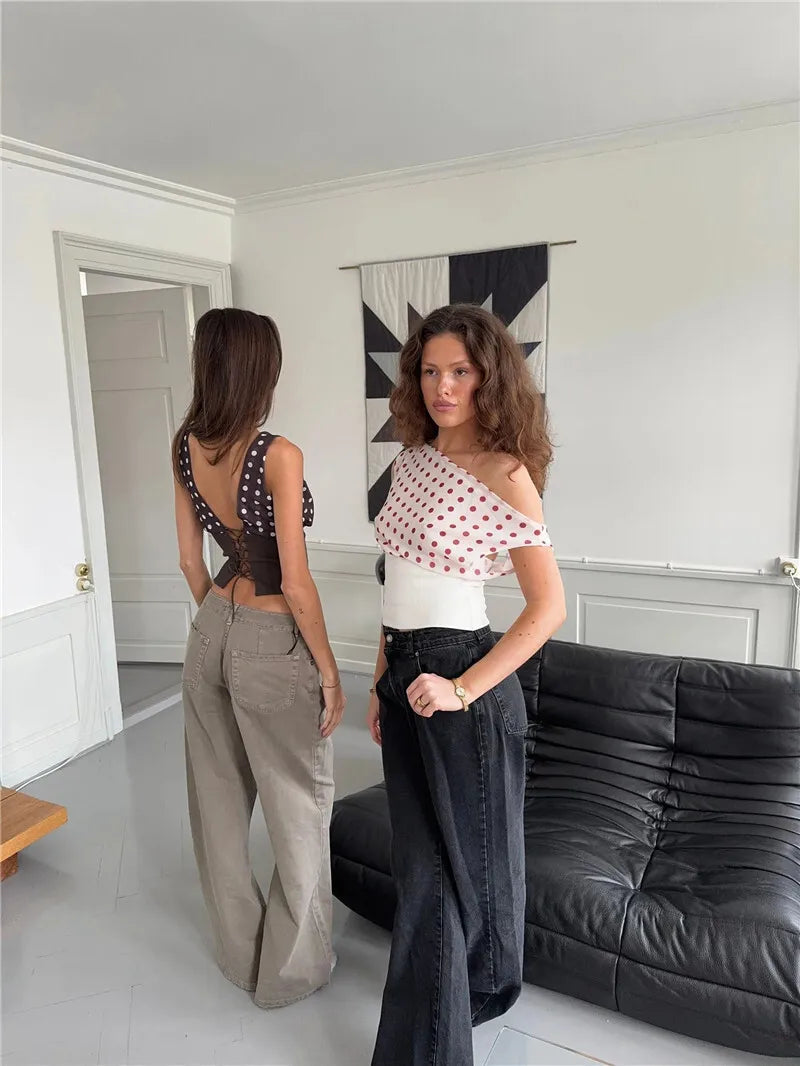 Crop Blouses - Backless Polka Dot Crop Tops Women Vest Fashion Summer New Oblique Shoulder Sleeveless Tank Tops Pullovers Female