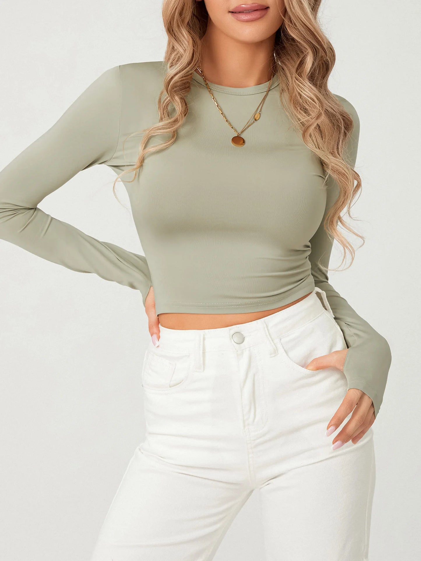 Tees - Fashion Women Basic T-shirt with Thumb Holes Long Sleeve Crew Neck Solid Slim Fit Basic Crop Top Streetwear
