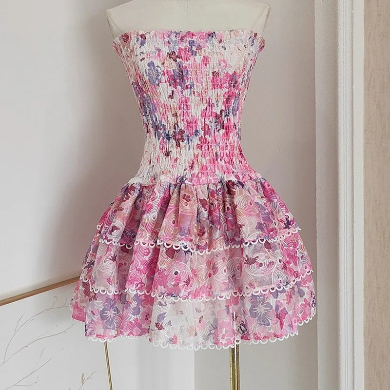 Strapless Dresses - fashion Short Dress Vacation Style Print Hollow Out Splicing Ruffle Edge Elegant Party Dresses Women 2025 Spring Summer 978