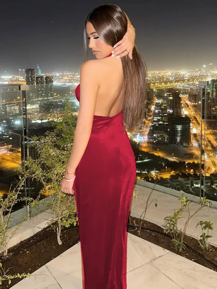 Elegant Dresses - Halter Backless Sexy Maxi Dress For Women Gown Fashion Lace-up Deep V Neck Sleeveless Bodycon Split Long Dress Elegant