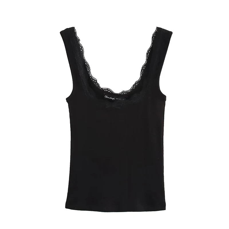 Knit Tops - Women Fashion Solid Lace Hem Knitted Vest Vintage Straps Square Collar Female Chic Lady Tank Tops