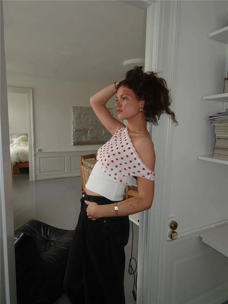 Crop Blouses - Backless Polka Dot Crop Tops Women Vest Fashion Summer New Oblique Shoulder Sleeveless Tank Tops Pullovers Female