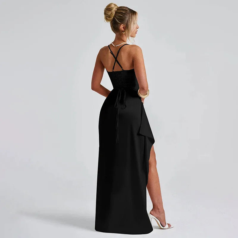 Elegant Dresses - Spaghetti Strap Thigh High Split Sexy Maxi Dress Women Elegant Satin High Elastic Sleeveless Backless Club Party Dress