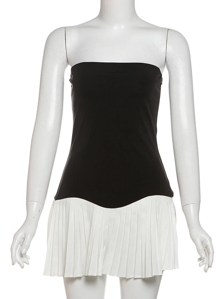 Mini Dresses - Black White Patchwork Dress Women Chest Wrap Backless Ruffles 2025 Y2K Sweet Girl Trend Chic Streetwear Mini Bodycon