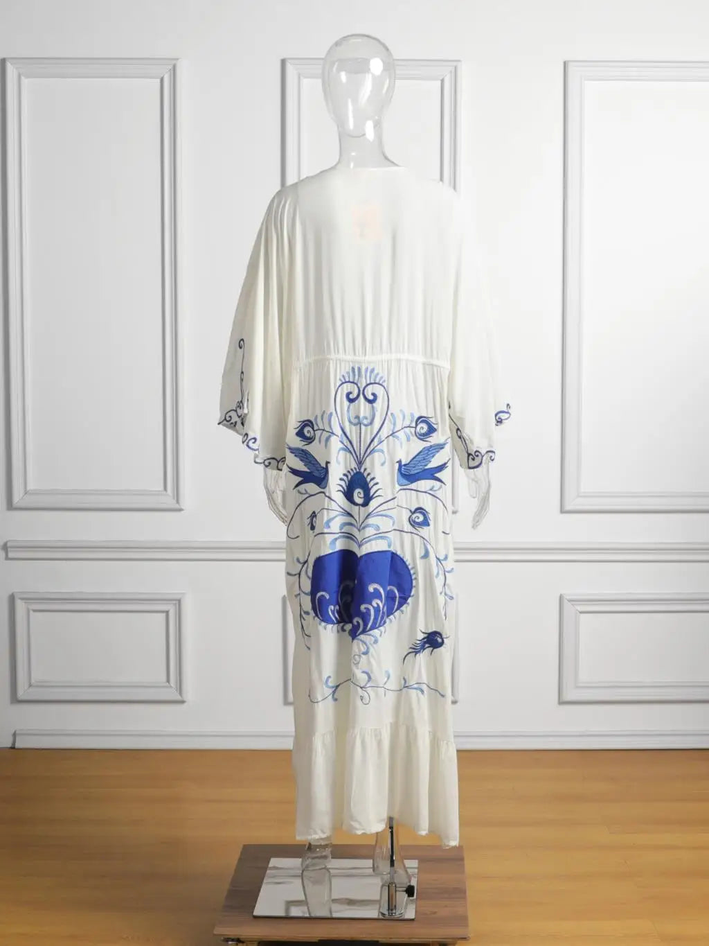 Kaftans - Jastie Embroidered Women Maxi Dress V-Neck Batwing Sleeve Loose Oversize Summer Dresses Drawstring Waist Boho Beach Vestidos