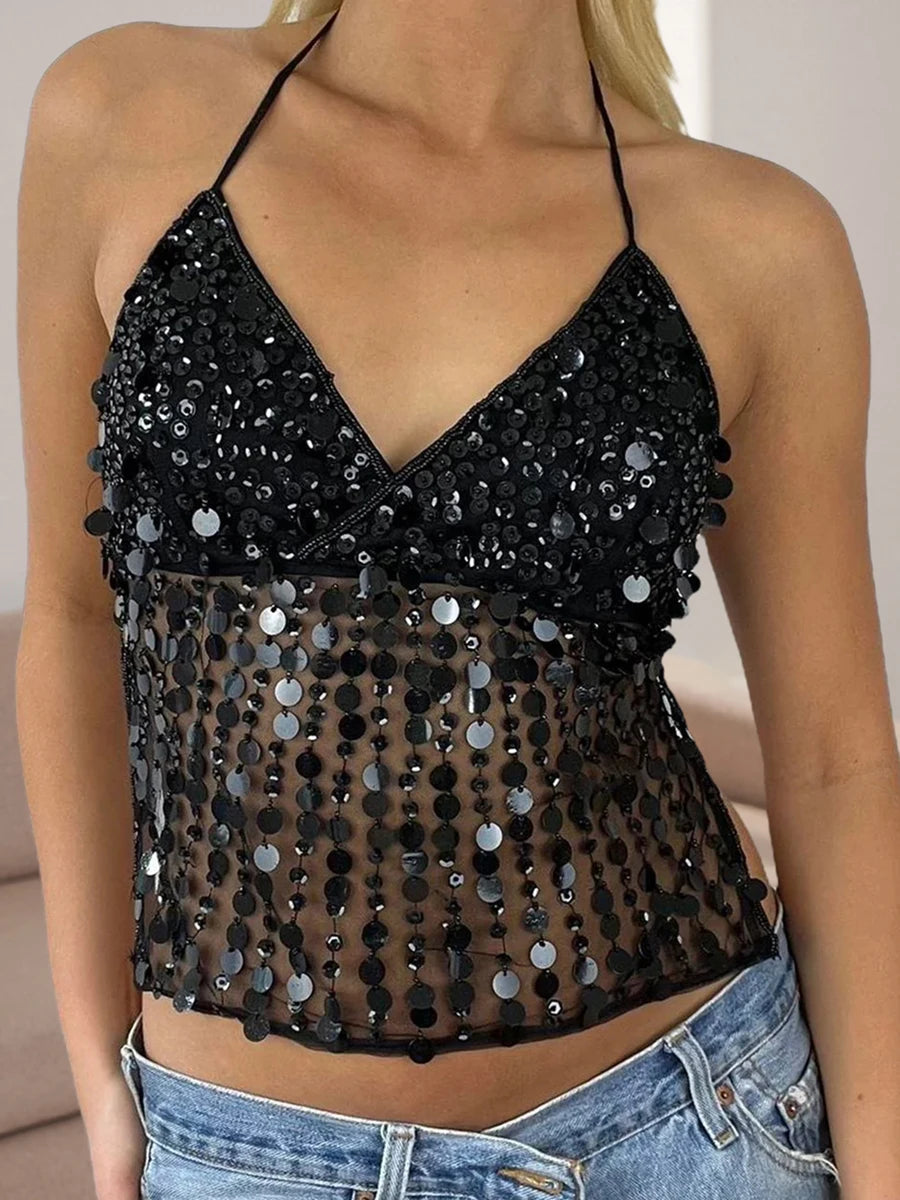 Tops - Women Y2k Sparkly Sequin Halter Beaded Camisole Cute Glitter Rhinestone Spaghetti Strap Backless Criss Cross Cami Top Blue