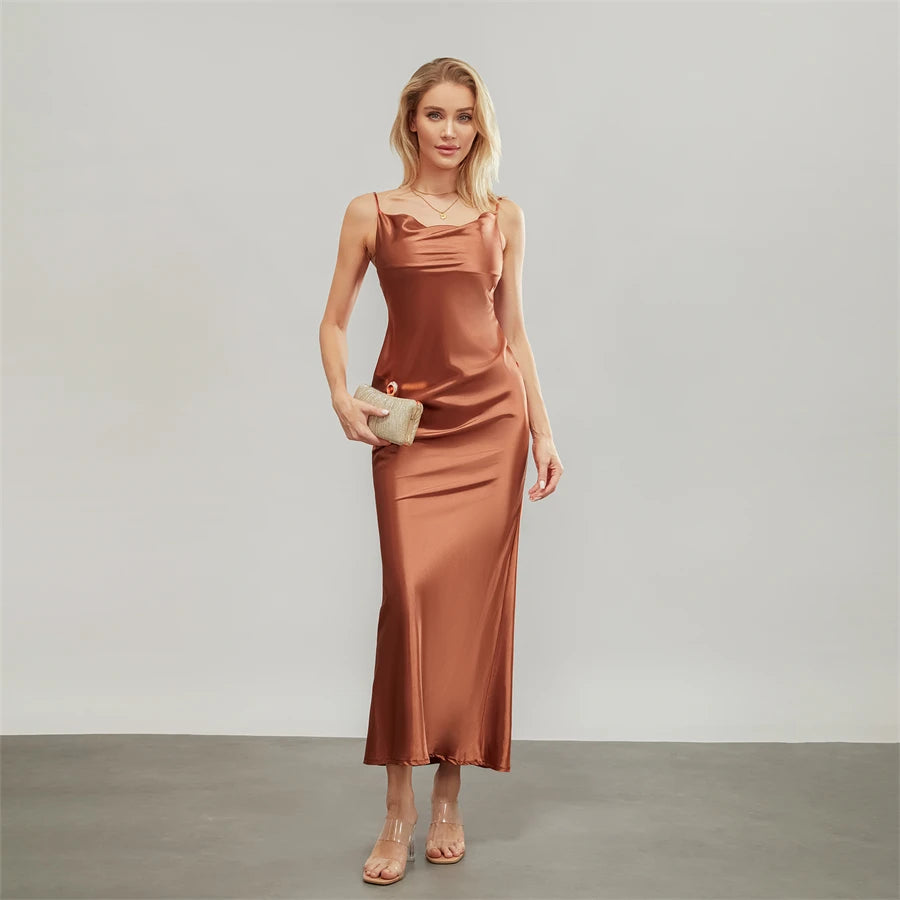 Satin Dresses - Backless Spaghetti Straps Party Long Dresses 2024 New Evening Gown Satin Vestidos Women's Cowl Neck Slip Wrap Dress