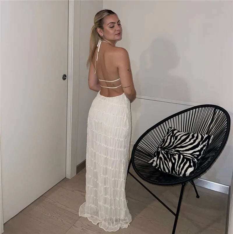 Party Dresses - Mozision Halter Backless Sexy Maxi Dress For Women Spring Summer New Lace-up Sleeveless Pleated Beach Holiday Long Dress Elegant