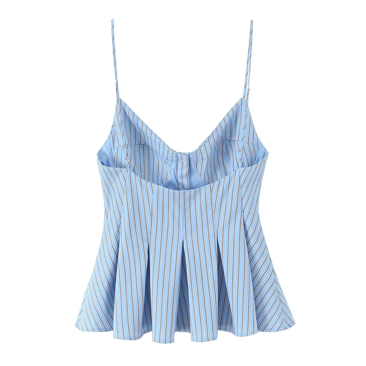 Cami Tops - Summer Women Striped Sleeveless V-Neck Mini Top Woman Slim High Street Short Dress Pleated Button Decoration Top