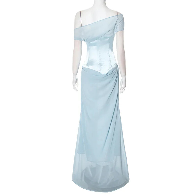 Elegant Dresses - Patchwork Sexy Diagonal Collar Women Maxi Dress Backless High Wasit Dress Spring New Elegant Party Evening Dress 2025