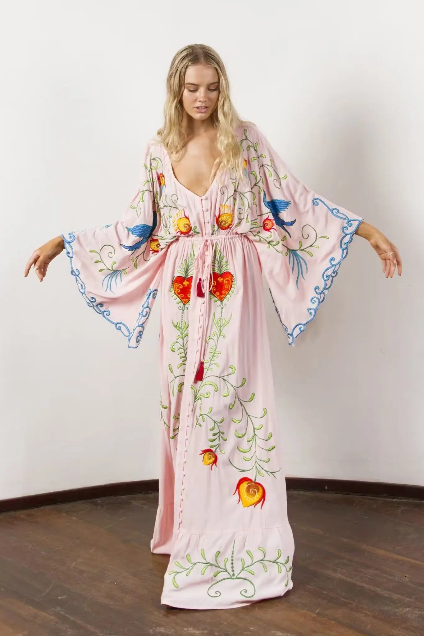 Kaftans - Jastie Embroidered Women Maxi Dress V-Neck Batwing Sleeve Loose Oversize Summer Dresses Drawstring Waist Boho Beach Vestidos