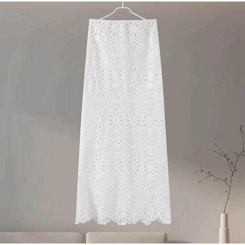 Matching Sets - Elegant See Through Crochet Top Women Set Hallow Out Flare Long Sleeve Top Slim Empire Hip Package Skirts 2025 Summer Lady Set