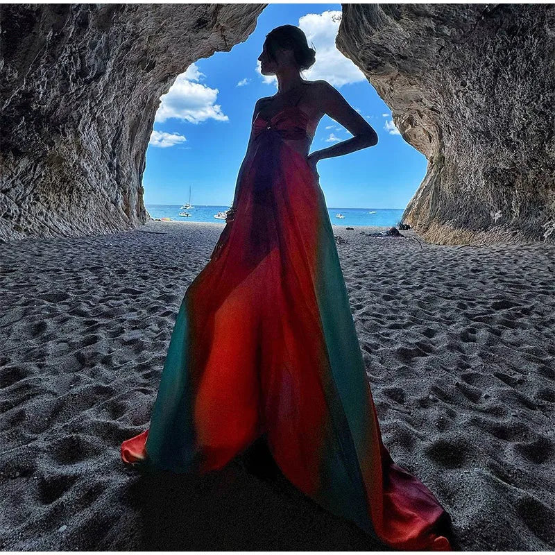 Elegant Dresses - Tie-dye Gradient Hollow Out Women's Maxi Dress Elegant Off Shoulder A-line Hem Long Dresses New Summer 2025 Holiday Female Robes