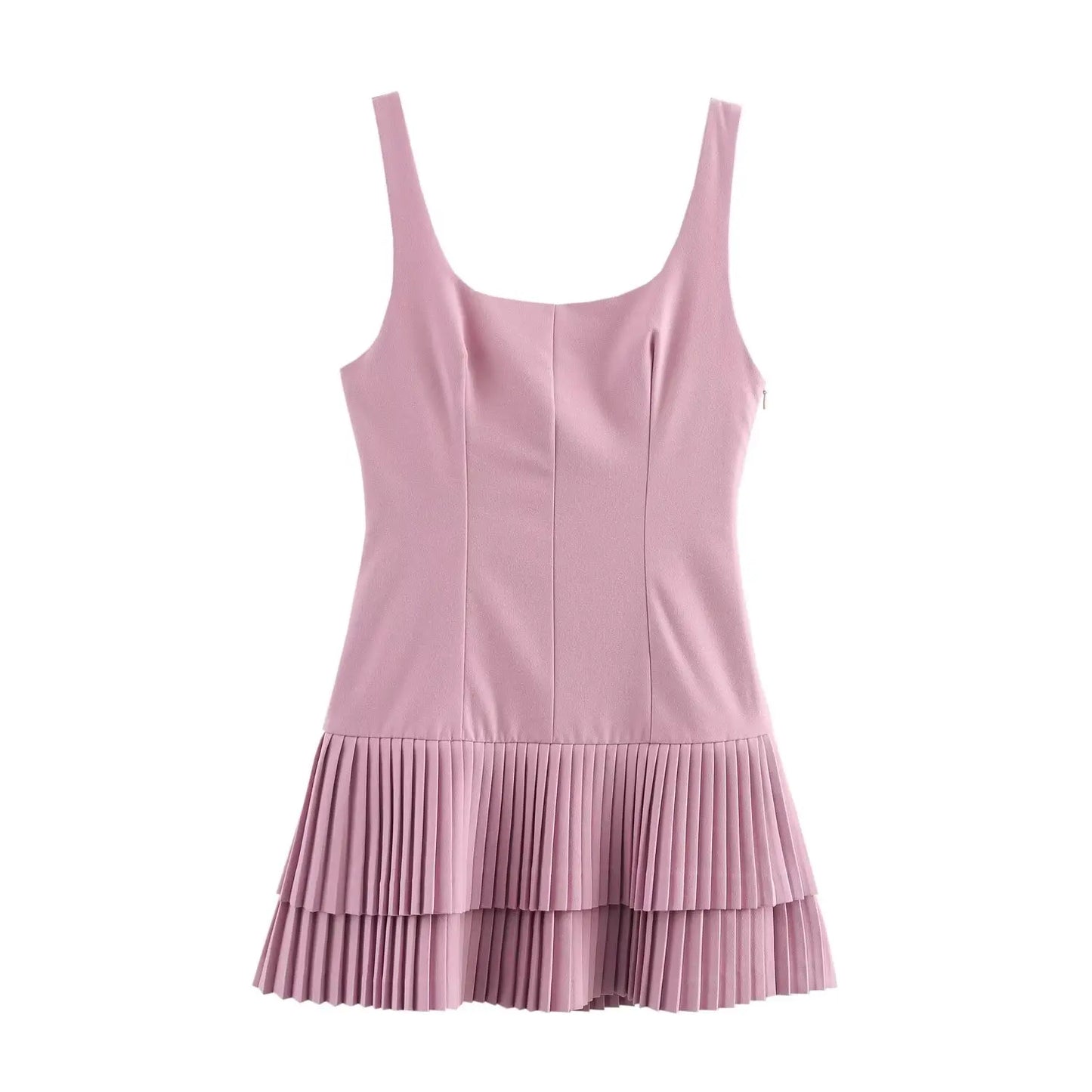 Mini Dresses - Women Fashion Square Collar Sleeveless Solid Mini Dress Female Summer Pleated Dress Chic High Street Slim Short Dress