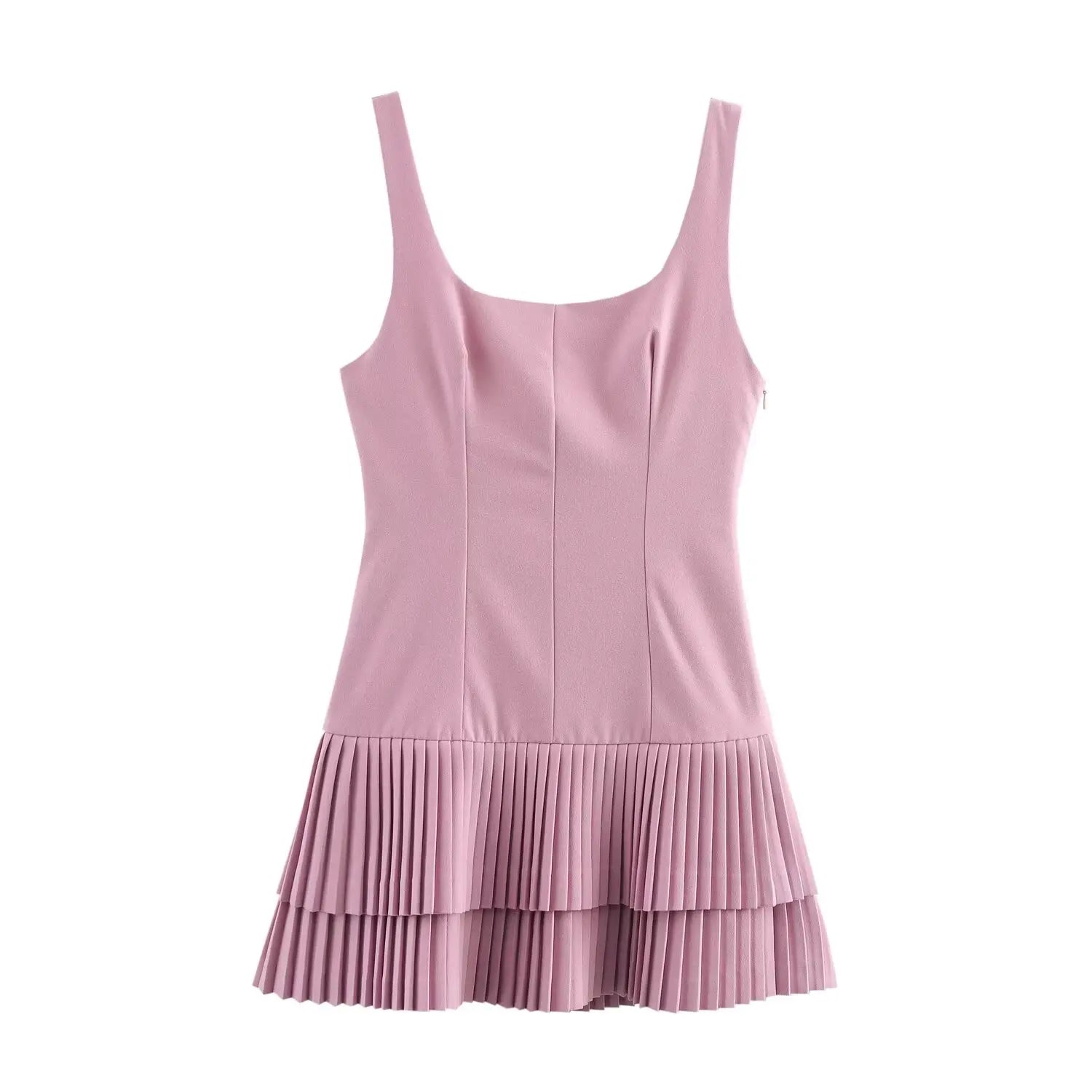 Mini Dresses - Women Fashion Square Collar Sleeveless Solid Mini Dress Female Summer Pleated Dress Chic High Street Slim Short Dress