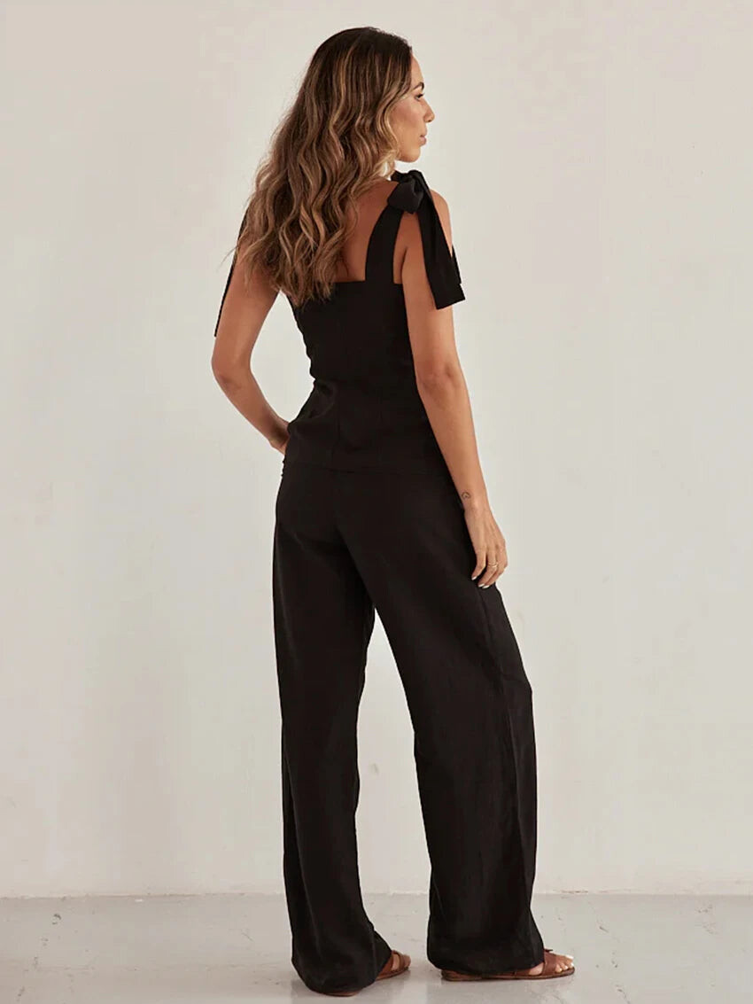 Pants Sets - Summer Slim Black Cotton Women's Two Pieces Set 2025 Fashion Sleeveless Tank Top With High Waist Wide Pants Set Female