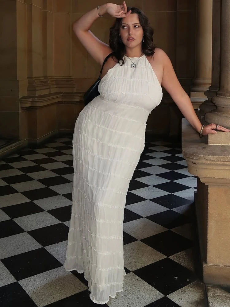 Party Dresses - Mozision Halter Backless Sexy Maxi Dress For Women Spring Summer New Lace-up Sleeveless Pleated Beach Holiday Long Dress Elegant