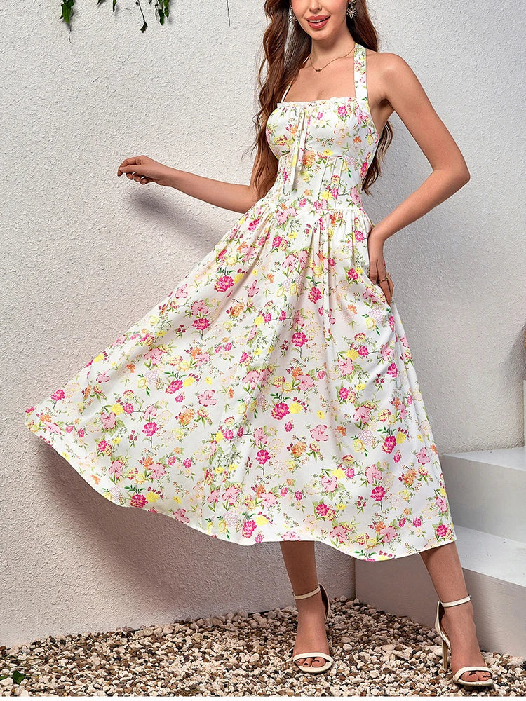 Floral Dresses - Women's Halter Backless Print Floral Midi Corset Dress Spaghetti Straps Tie Up Fashion Casual Holiday Long Dresses Pink