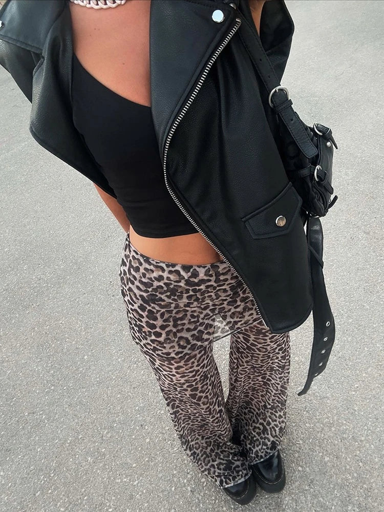 Flared Pants - Mesh Leopard Print Trousers Woman Fashion High Waist Print Wide Leg Pants Female Elegant Printed Long Pants Bottoms