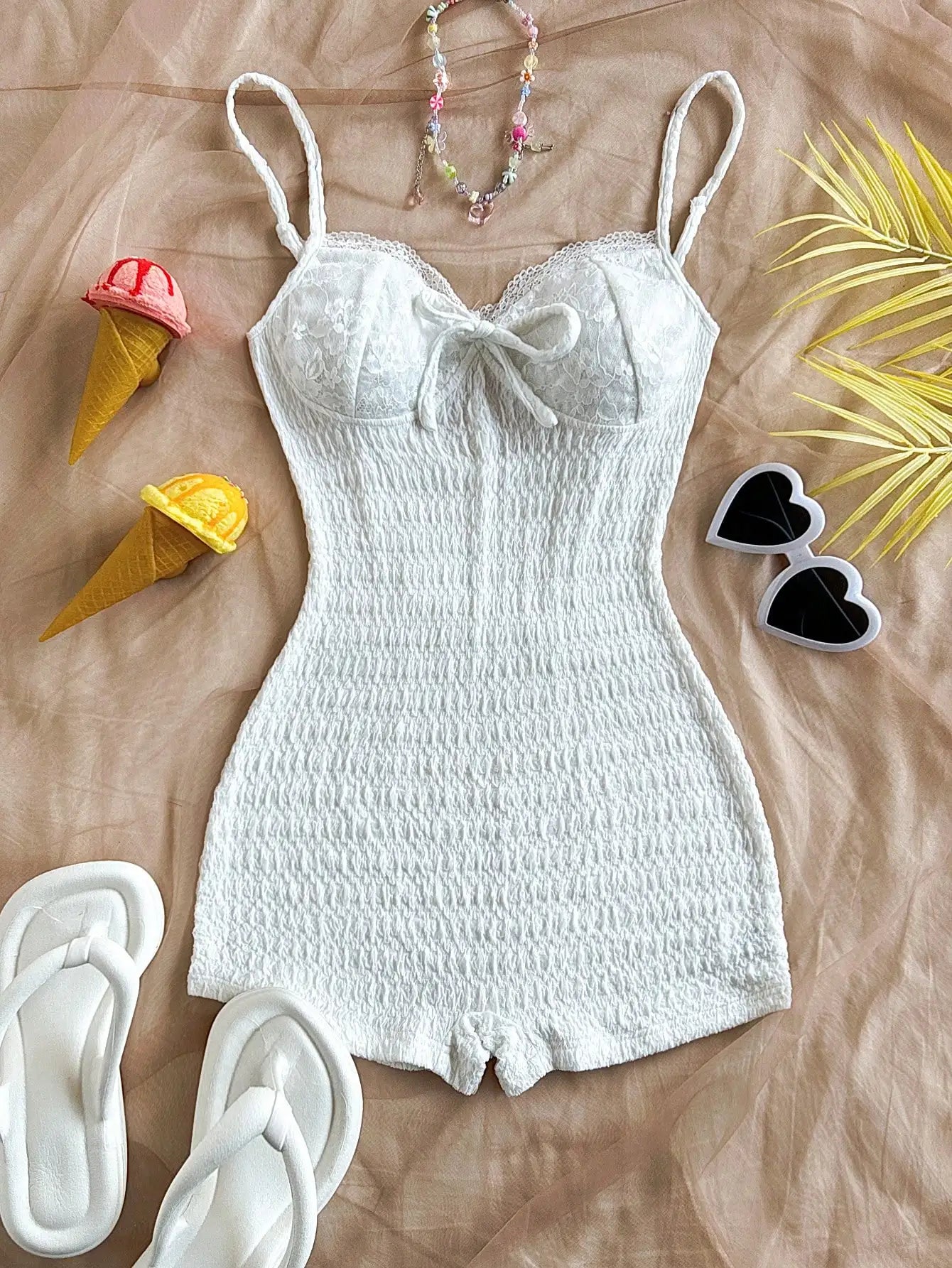 Rompers - Pure Wind Skinny-looking Onesie Strap Package Hip Vacation Premium Sense Backless Net Infrared Wear With Lace Edge