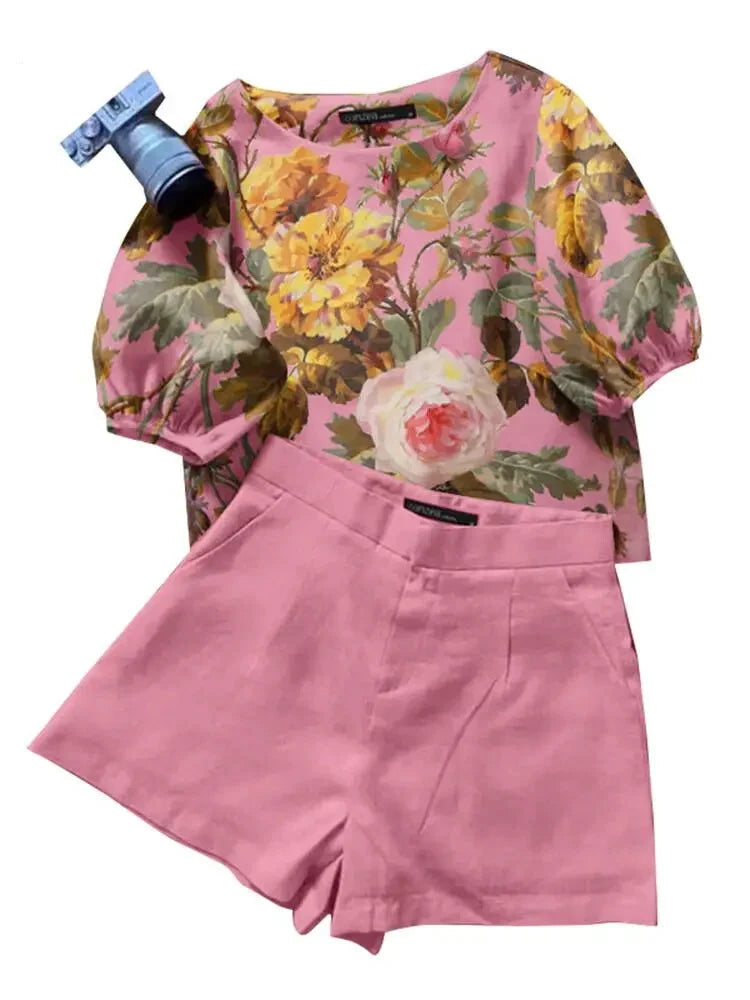 Shorts Outfit Set - Summer Short Sets Women Outfits 2PCS Elegant Short Sleeve Floral Blouse Pant Suit Fashion Tracksuit Matching Sets