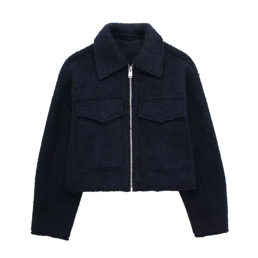 - 2024 Autumn Women's Cropped Jacket OuterwearLong Sleeve With Pocket Zipper Faux Fur Coat Fashion Women's Clothing