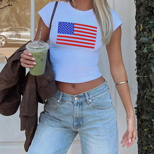 American Tees - Women's Summer Casual T-Shirts American Flag Print Short Sleeve Round Neck Crop Tops 4th of July Clothes Basic Tees