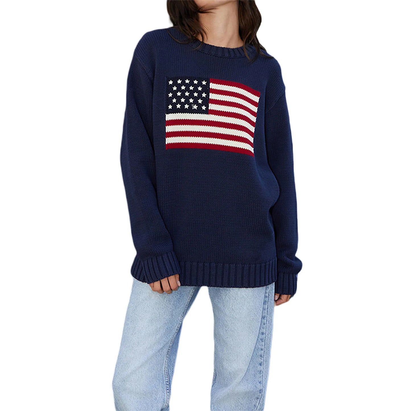Sweaters - Puloru Women's Loose Fit Sweaters Fall Winter Casual Stars Stripe Flag Print Round Neck Long Sleeve Pullovers Knitted Jumpers