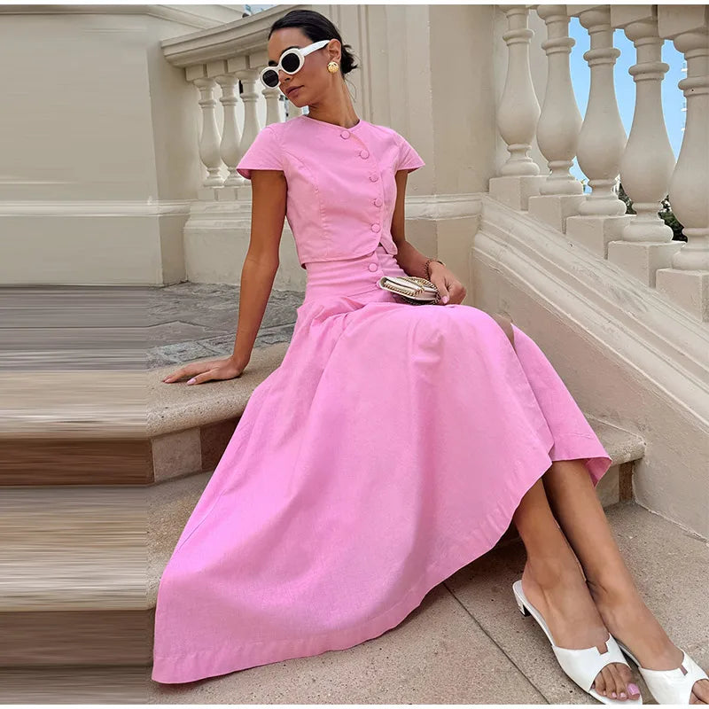 Skirt set - Women Vest Skirt Suit Solid O-neck Single Breasted Short Sleeve Short Top Button Wide Leg Skirts Female Summer Lady Beach Wears
