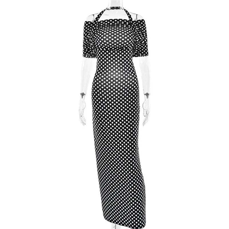 Halter Dresses - Off-shoulder Polka Dot Maxi Dress For Women Gown Fashion Halter Sleeveless Backless bodycon Split Long Dress Elegant