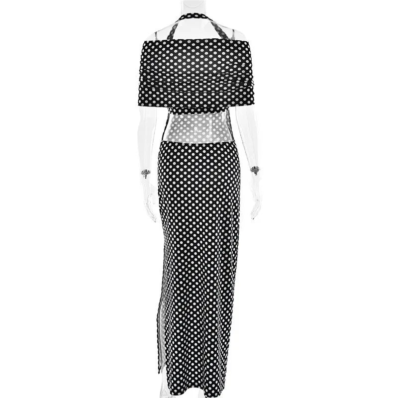 Halter Dresses - Off-shoulder Polka Dot Maxi Dress For Women Gown Fashion Halter Sleeveless Backless bodycon Split Long Dress Elegant