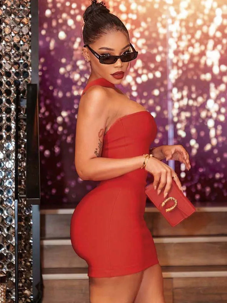 Halter Dresses - Sexy Halter Dress Women Sleeveless 2025 Summer Trend Skinny Solid Chic Birthday Party Clubwear Midnight Mini Bodycon