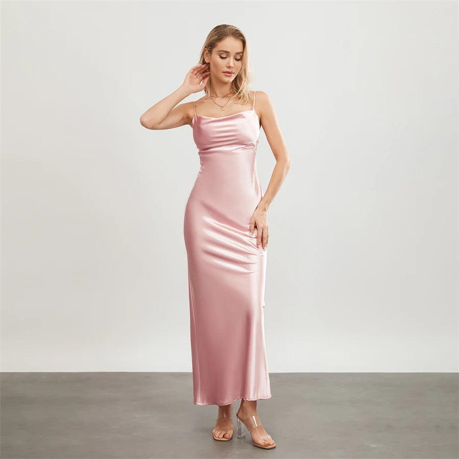 Satin Dresses - Backless Spaghetti Straps Party Long Dresses 2024 New Evening Gown Satin Vestidos Women's Cowl Neck Slip Wrap Dress