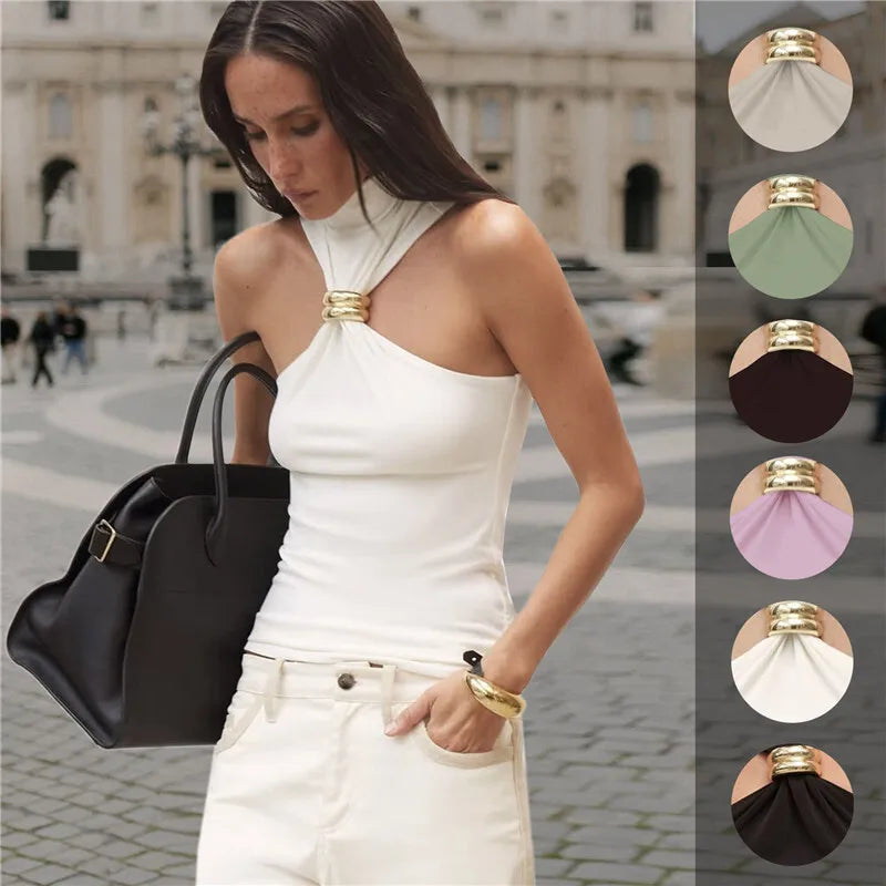 Halter Tops - Turtleneck Basic Knit Tank Tops Women Vest Pullovers Metal Ring Camisole Sleeveless Skinny Knitted Tops Y2K Cropped Top