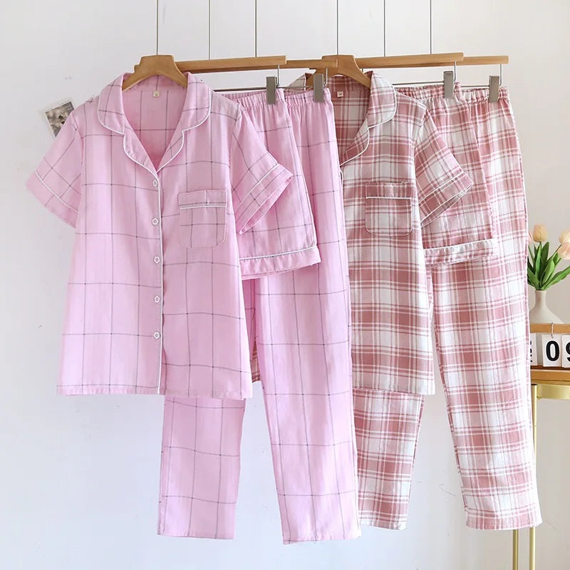 Pajamas - 100% Cotton Women's pajamas Summer Pajama Set Loose-fit Short Sleeve Shorts Trousers Three-piece Thin Homewear