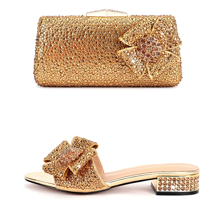 Shoes - New Ladies Rhinestone Clutch Flat Heel Diamond Evening Shoes and Bag suit Rhinestone Flat plus size Stone Slippers Size 34-44