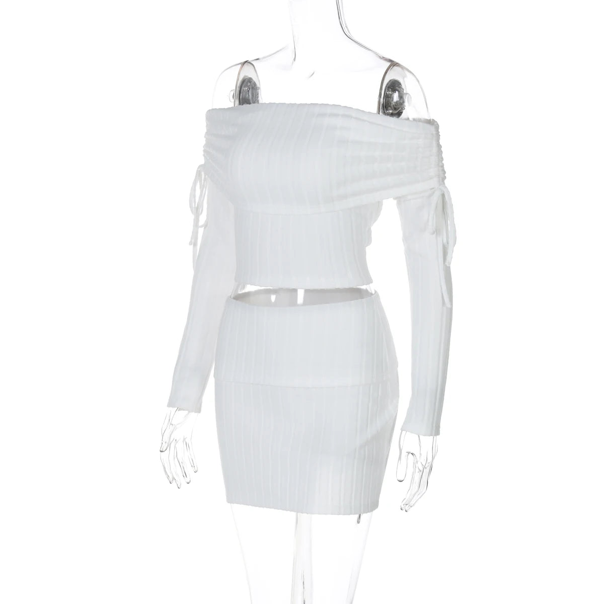 Matching Sets - Dulzura Ribbed Sexy Elegant 2 Piece Skirt Set Off Shoulder Long Sleeve Lace Up Top Mini Skirt Matching Set Party Club Streetwear