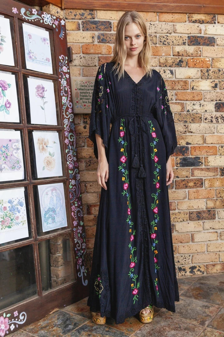 Kaftans - Jastie Embroidered Women Maxi Dress V-Neck Batwing Sleeve Loose Oversize Summer Dresses Drawstring Waist Boho Beach Vestidos