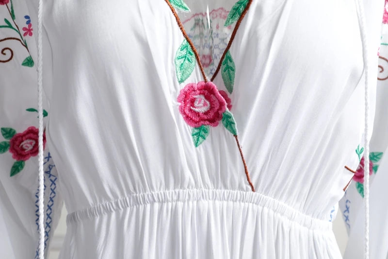 Kaftans - Jastie Embroidered Women Maxi Dress V-Neck Batwing Sleeve Loose Oversize Summer Dresses Drawstring Waist Boho Beach Vestidos