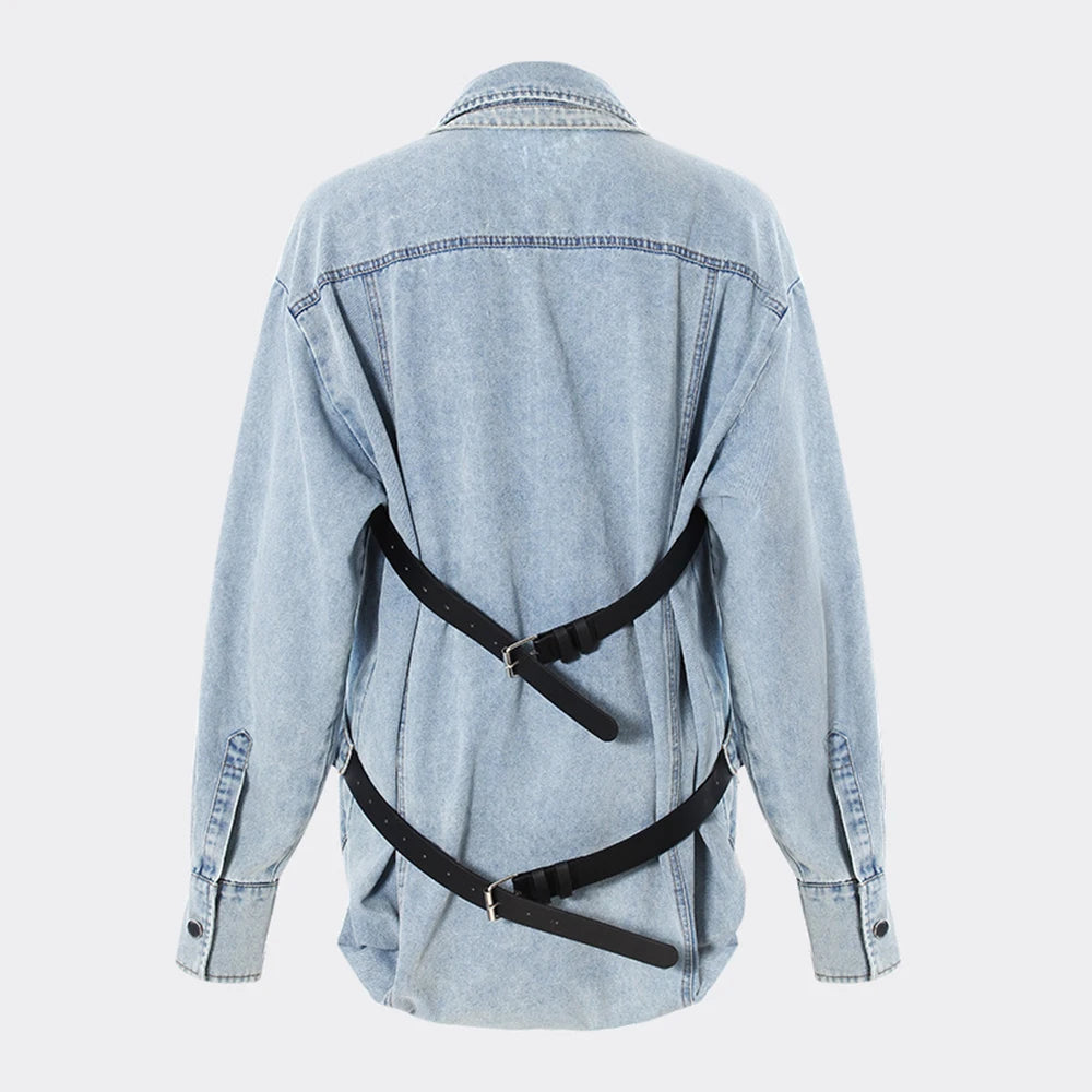 Denim Outfits - Loose Chic Jackets For Women Lapel Long Sleeve Streetwear Patchwork Pockets Coats Female Fashion Style New