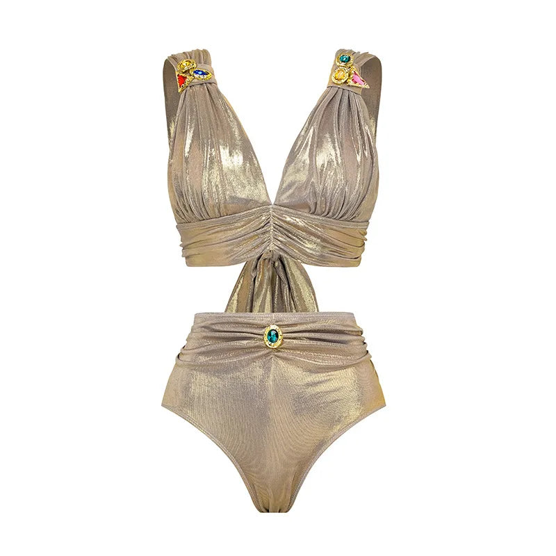 Metallic Swimwear - 2Pcs Hollow Swimsuit Women Sexy Swimwear 2025 New Bikini With Skirt Female Biquini Push Up Swim Suit Bodysuit Beachwear Cover Up