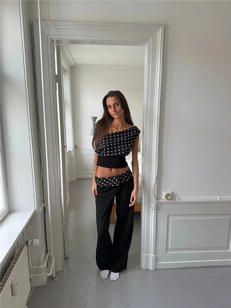 Crop Blouses - Backless Polka Dot Crop Tops Women Vest Fashion Summer New Oblique Shoulder Sleeveless Tank Tops Pullovers Female