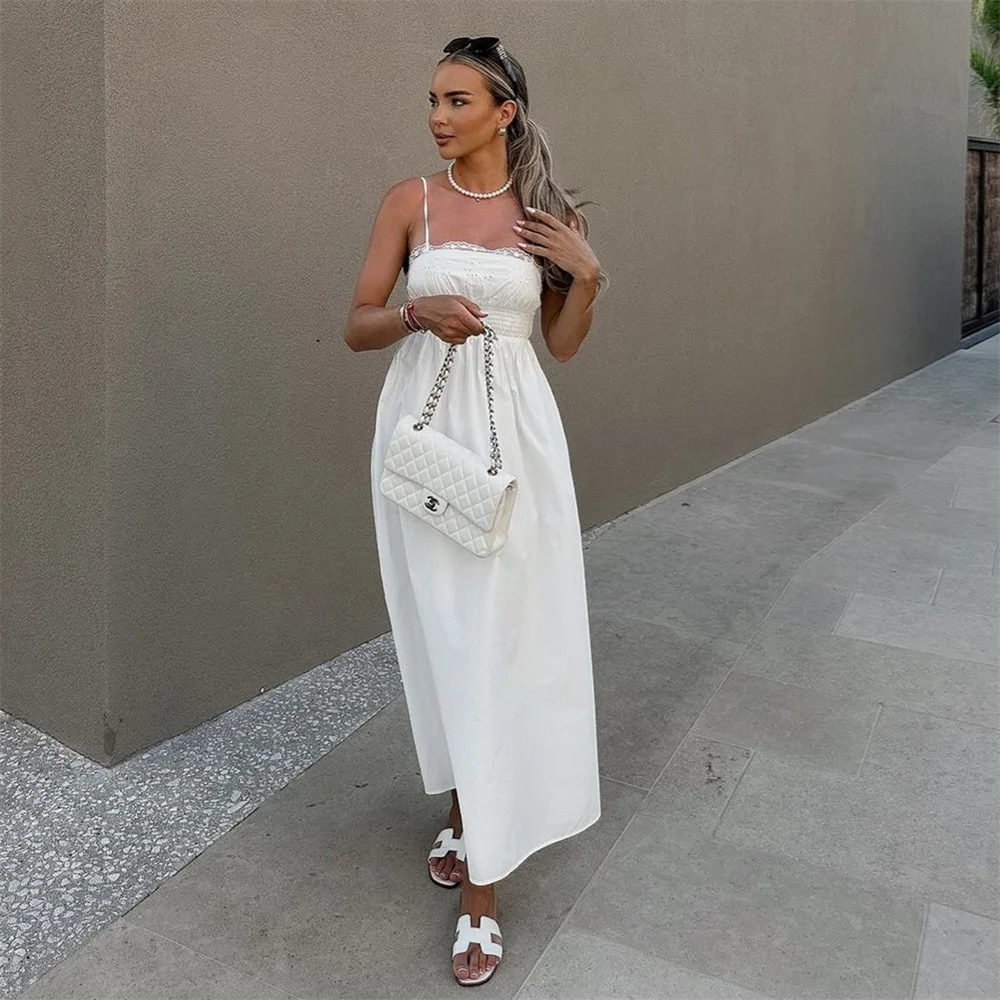 Vacation Dresses - Summer New Women's Fashion Style Slimming Sweet Solid Color Versatile Embroidered Lace Splicing Dress