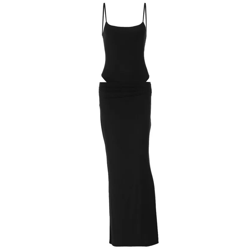 Party Dresses - Black Sexy Dress Sets Women Spaghetti Strap Bodysuit And Maxi Skirt Matching Sets Backless Slim Fit Long Skirt Set