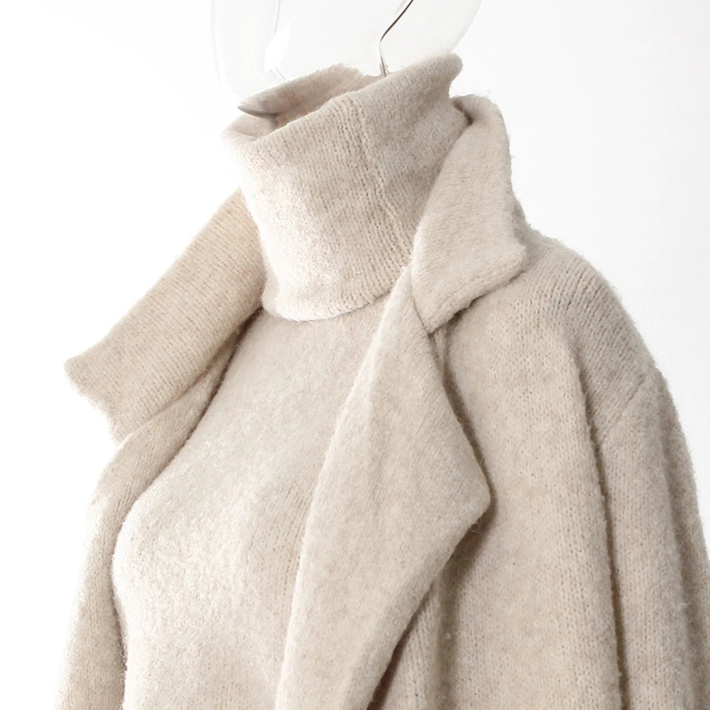 Knitwear - TWOTWINSTYLE Three Piece Set For Women Lapel Long Sleeve Coat High Neck Vest High Waist Patchwork Appliques Skirt Sets Female