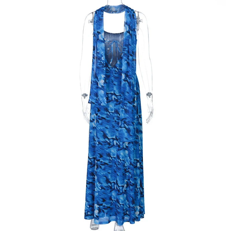 Elegant Dresses - Halter Backless Print Sexy Maxi Dress For Women Gown Elegant Blue Printed Lace-up Sleeveless Evening Long Dress
