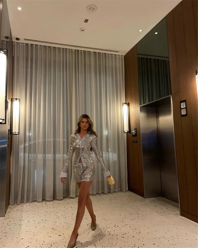 Shorts Sets - Silver Glitter Shorts Sets Women Contrast Color Single-breasted Shirt And Shorts Sparkle Two Piece Set Shorts Sets