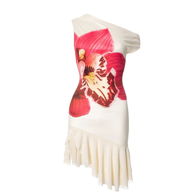 Off Shoulder Dresses - Skew Collar Ruffled Print Sexy Mini Dress For Women Off-shoulder Sleeveless Backless High Waist Printed Dress Vestido