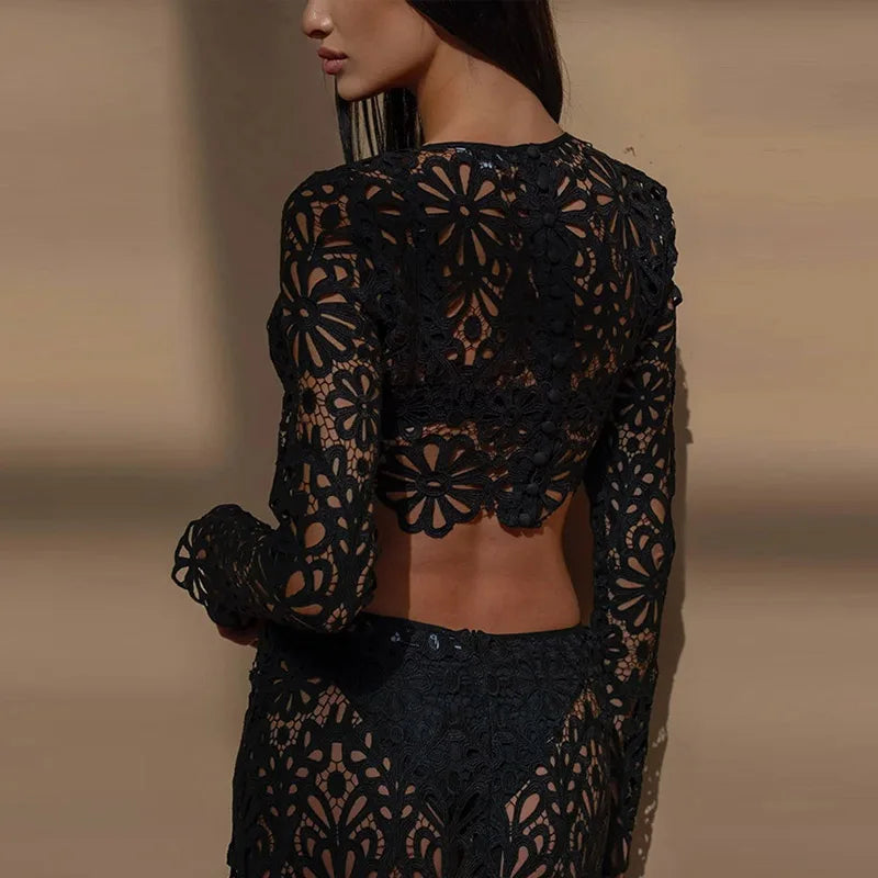 Matching Sets - Elegant See Through Crochet Top Women Set Hallow Out Flare Long Sleeve Top Slim Empire Hip Package Skirts 2025 Summer Lady Set